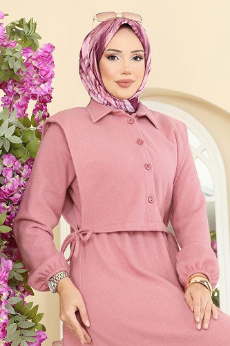 moda selvim Beli Lastikli Yelekli Takım 3066KTR750 Gül Kurusu - Thumbnail