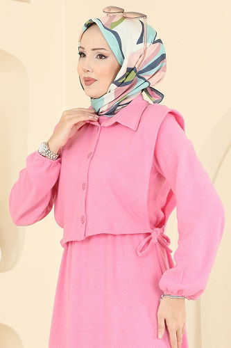 moda selvim Beli Lastikli Yelekli Takım 3066KTR750 Pembe - Thumbnail