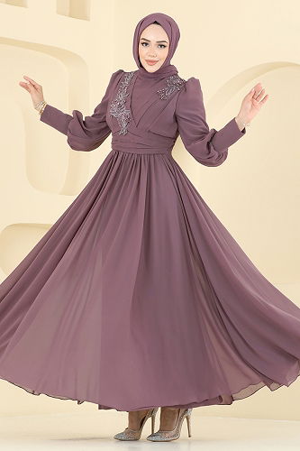 moda selvim Beli Pilise Detaylı Şifon Abiye 8084AB368 Pudra Vizyon - Thumbnail