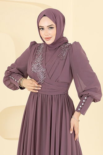 moda selvim Beli Pilise Detaylı Şifon Abiye 8084AB368 Pudra Vizyon - Thumbnail