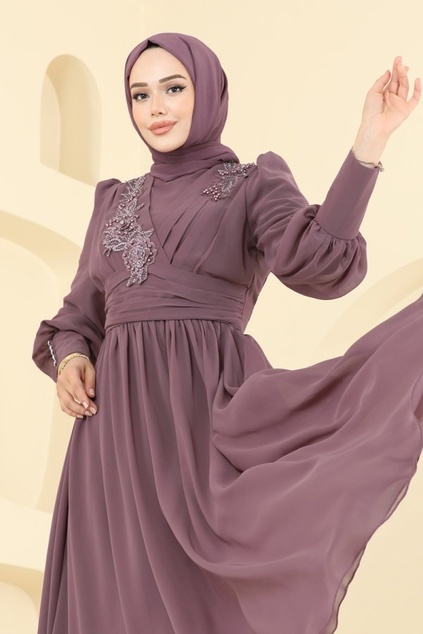Modaselvim %20+%70 İNDİRİM Beli Pilise Detaylı Şifon Abiye 8084AB368 Pudra Vizyon