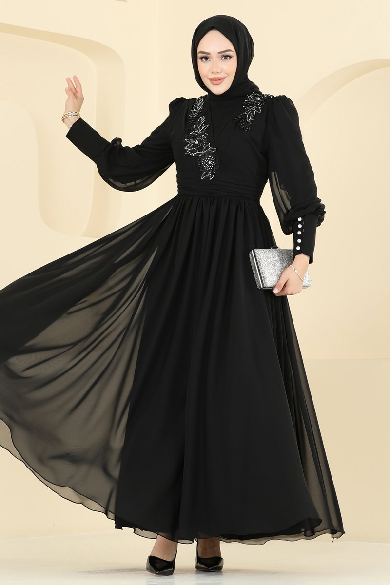 Beli Pilise Detaylı Şifon Abiye 8084AB368 Siyah
