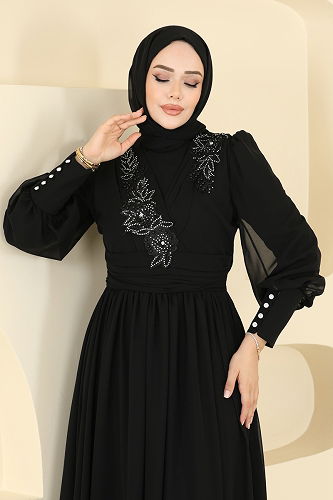 moda selvim Beli Pilise Detaylı Şifon Abiye 8084AB368 Siyah - Thumbnail