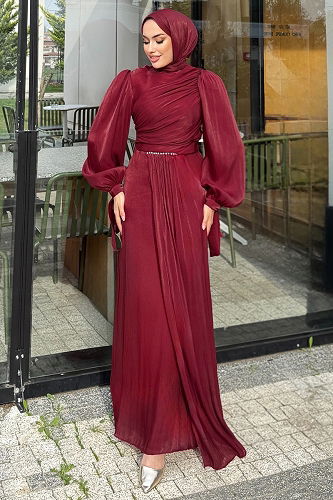 moda selvim Beli Taş Detaylı Abiye 4666ALGK1170 Bordo - Thumbnail