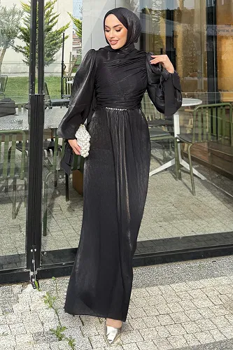 moda selvim Beli Taş Detaylı Abiye 4666ALGK1170 Siyah - Thumbnail