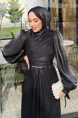 moda selvim Beli Taş Detaylı Abiye 4666ALGK1170 Siyah - Thumbnail