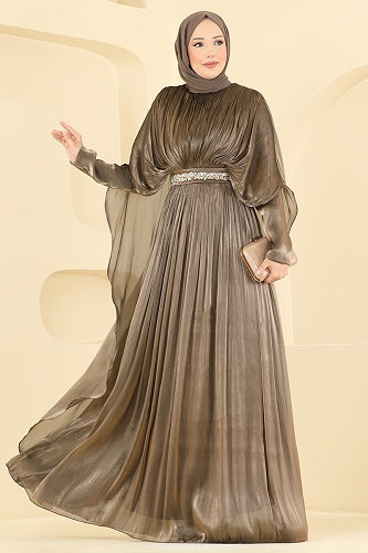 moda selvim Beli Taş Detaylı Abiye 5737DMNK1166 Koyu Vizyon - Thumbnail