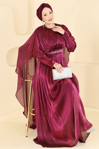 moda selvim Beli Taş Detaylı Abiye 5737DMNK1166 Mor - Thumbnail