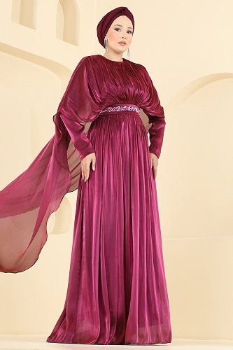 moda selvim Beli Taş Detaylı Abiye 5737DMNK1166 Mor - Thumbnail