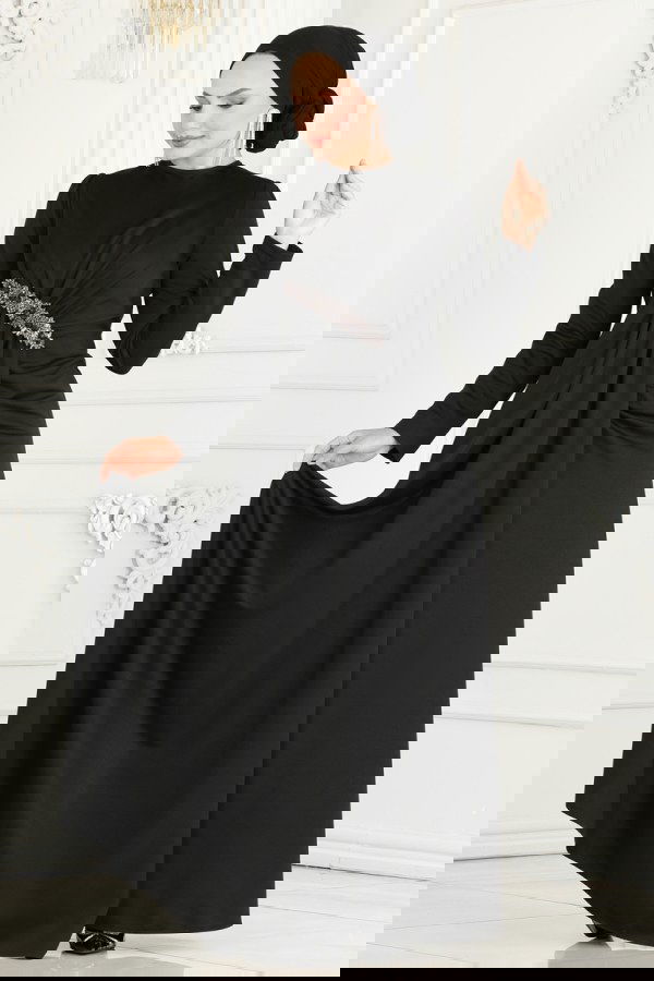 Modaselvim KURBAN BAYRAMI İNDİRİMİ Beli Taş Detaylı Abiye Elbise 2521SL432 Siyah