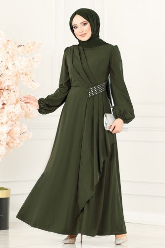 moda selvim Beli Taş Detaylı Abiye Elbise 2597ASMK1074 Haki - Thumbnail