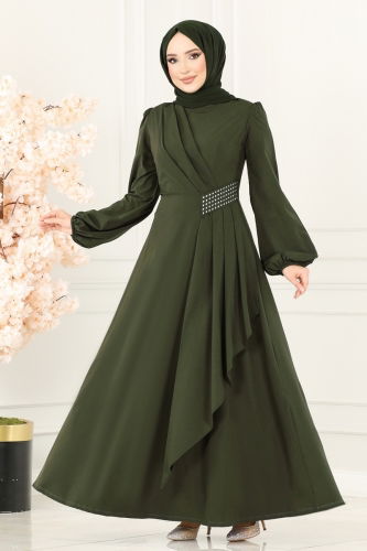 moda selvim Beli Taş Detaylı Abiye Elbise 2597ASMK1074 Haki - Thumbnail