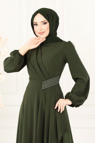 moda selvim Beli Taş Detaylı Abiye Elbise 2597ASMK1074 Haki - Thumbnail