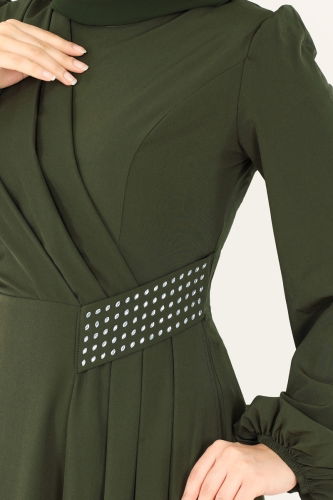 moda selvim Beli Taş Detaylı Abiye Elbise 2597ASMK1074 Haki - Thumbnail