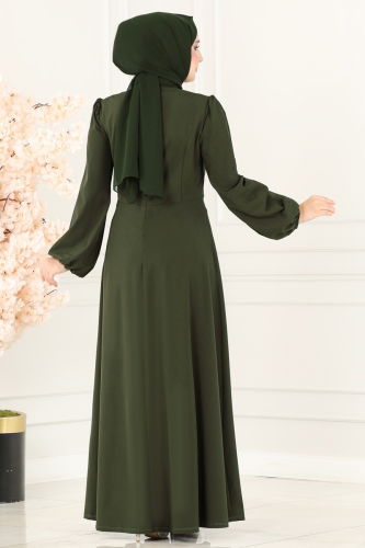 moda selvim Beli Taş Detaylı Abiye Elbise 2597ASMK1074 Haki - Thumbnail
