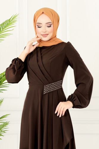 moda selvim Beli Taş Detaylı Abiye Elbise 2597ASMK1074 Kahve - Thumbnail