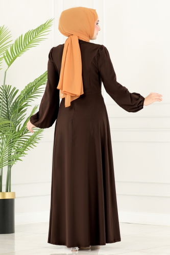 moda selvim Beli Taş Detaylı Abiye Elbise 2597ASMK1074 Kahve - Thumbnail