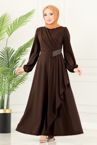 moda selvim Beli Taş Detaylı Abiye Elbise 2597ASMK1074 Kahve - Thumbnail