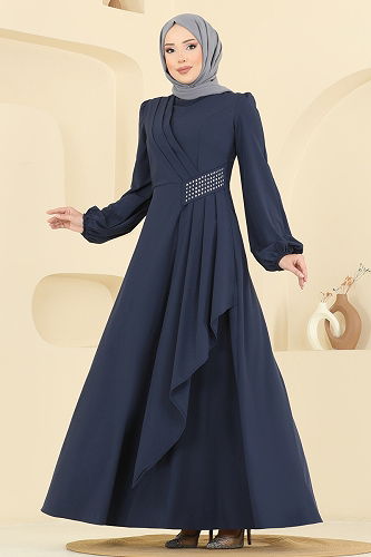 moda selvim Beli Taş Detaylı Abiye Elbise 2597ASMK1074 Laci - Thumbnail