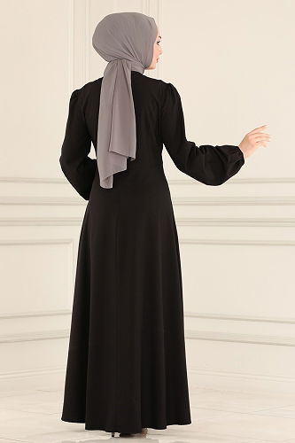 moda selvim Beli Taş Detaylı Abiye Elbise 2597ASMK1074 Siyah - Thumbnail