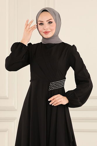 moda selvim Beli Taş Detaylı Abiye Elbise 2597ASMK1074 Siyah - Thumbnail