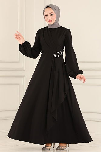 moda selvim Beli Taş Detaylı Abiye Elbise 2597ASMK1074 Siyah - Thumbnail