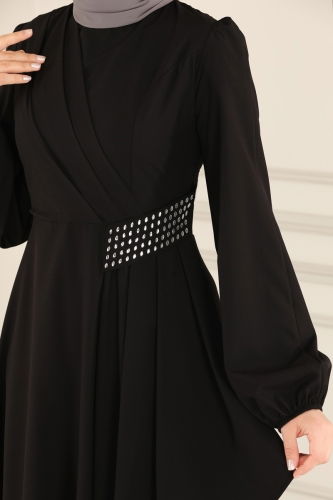 moda selvim Beli Taş Detaylı Abiye Elbise 2597ASMK1074 Siyah - Thumbnail