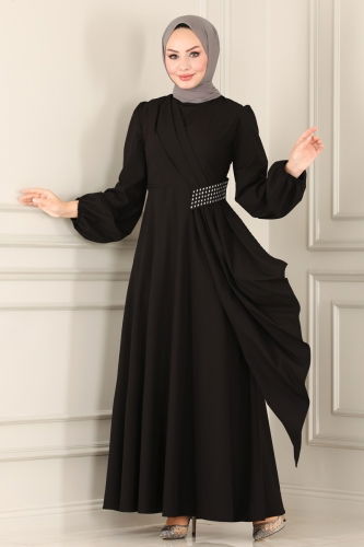 moda selvim Beli Taş Detaylı Abiye Elbise 2597ASMK1074 Siyah - Thumbnail