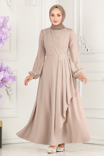 moda selvim Beli Taş Detaylı Abiye Elbise 2597ASMK1074 Vizyon - Thumbnail