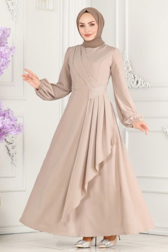 moda selvim Beli Taş Detaylı Abiye Elbise 2597ASMK1074 Vizyon - Thumbnail