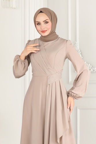 moda selvim Beli Taş Detaylı Abiye Elbise 2597ASMK1074 Vizyon - Thumbnail