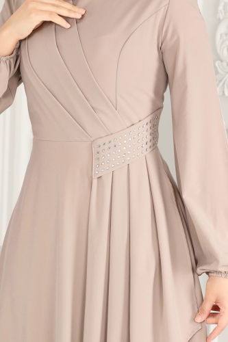 moda selvim Beli Taş Detaylı Abiye Elbise 2597ASMK1074 Vizyon - Thumbnail