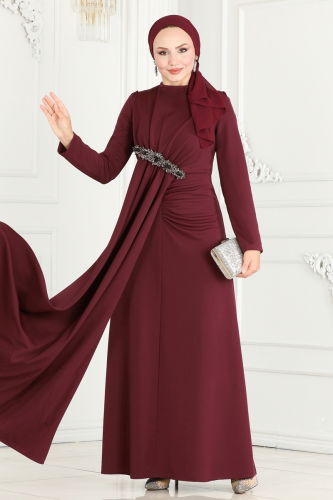 moda selvim Beli Taş Detaylı Tesettür Abiye 2521SL432 Bordo - Thumbnail