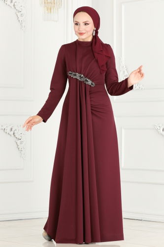 moda selvim Beli Taş Detaylı Tesettür Abiye 2521SL432 Bordo - Thumbnail