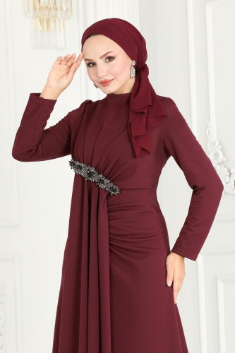 moda selvim Beli Taş Detaylı Tesettür Abiye 2521SL432 Bordo - Thumbnail