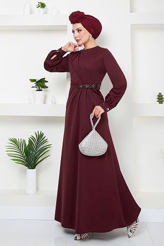 moda selvim Beli Taş İşlemeli Abiye 5027SL890-M Bordo - Thumbnail