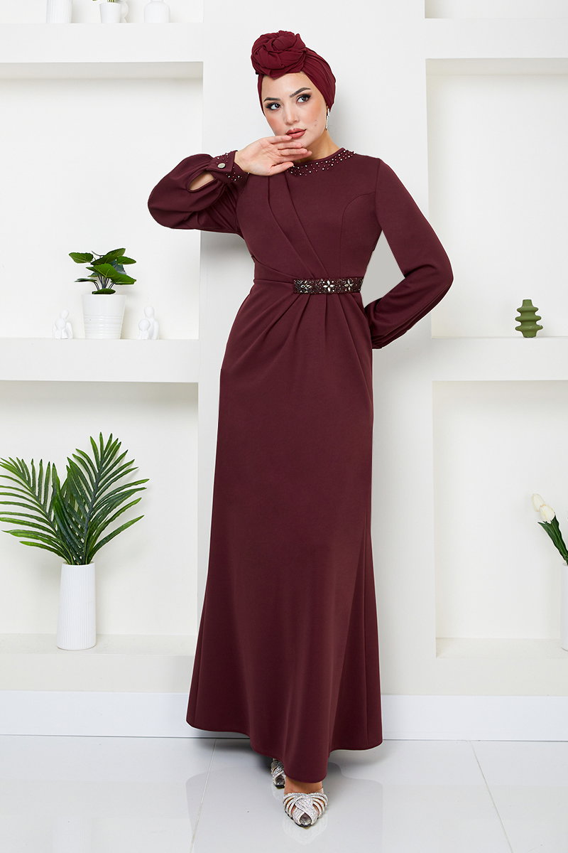 Beli Taş İşlemeli Abiye 5027SL890-M Bordo