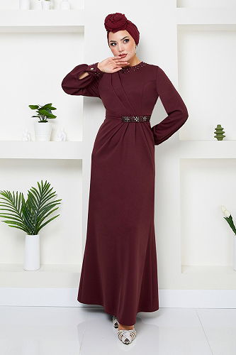 moda selvim Beli Taş İşlemeli Abiye 5027SL890-M Bordo - Thumbnail