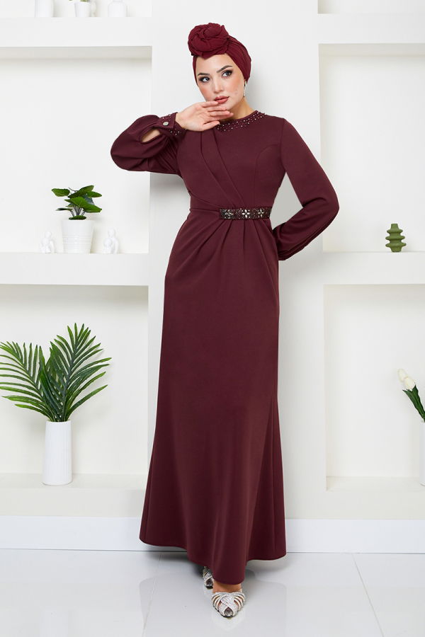 Modaselvim %20+%70 İNDİRİM Beli Taş İşlemeli Abiye 5027SL890-M Bordo