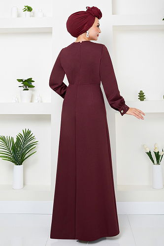 moda selvim Beli Taş İşlemeli Abiye 5027SL890-M Bordo - Thumbnail