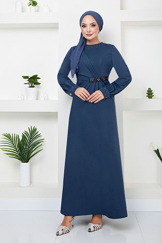 moda selvim Beli Taş İşlemeli Abiye 5027SL890-M İndigo - Thumbnail