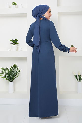 moda selvim Beli Taş İşlemeli Abiye 5027SL890-M İndigo - Thumbnail