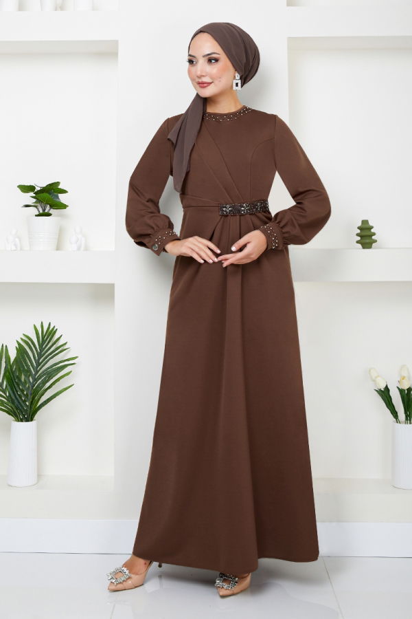 Modaselvim %20+%70 İNDİRİM Beli Taş İşlemeli Abiye 5027SL890-M Kahve