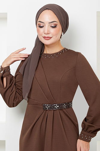 moda selvim Beli Taş İşlemeli Abiye 5027SL890-M Kahve - Thumbnail