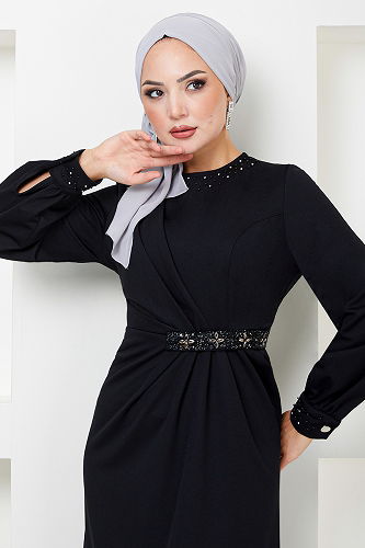 moda selvim Beli Taş İşlemeli Abiye 5027SL890-M Siyah - Thumbnail