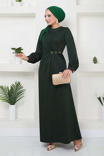 moda selvim Beli Taş İşlemeli Abiye 5027SL890-M Zümrüt - Thumbnail