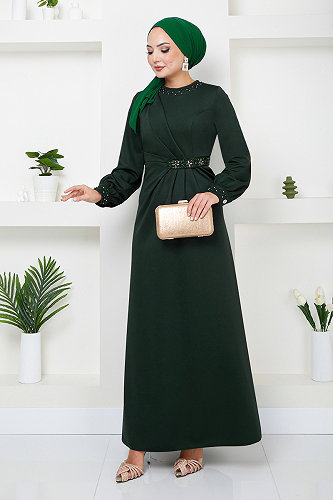 moda selvim Beli Taş İşlemeli Abiye 5027SL890-M Zümrüt - Thumbnail
