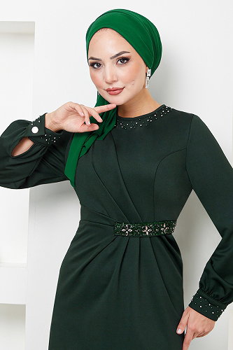 moda selvim Beli Taş İşlemeli Abiye 5027SL890-M Zümrüt - Thumbnail