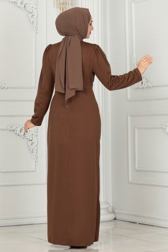 moda selvim Beli Taş İşlemeli Abiye Elbise 2526SL432 Kahve - Thumbnail