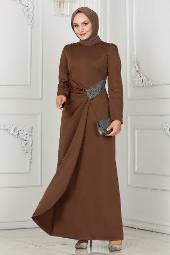 moda selvim Beli Taş İşlemeli Abiye Elbise 2526SL432 Kahve - Thumbnail